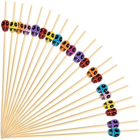 200 Pieces Skull Picks Skull Toothpicks 4.7 IN Handmade Halloween Cocktail Picks Bamboo Skewers Cocktail Sticks Fruit Sticks Sandwich Appetizer Toothpicks for Halloween Party Decoration Supplies Cover