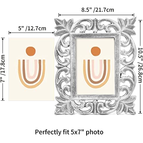 Image of Wooden Hand Carved Rectangular Photo Frame for Wall Mounted and Tabletops Display - 5x7 Inches Picture Frame - Wood Carving Decorative Home Decor Accessories Distressed Finish (Turquoise)