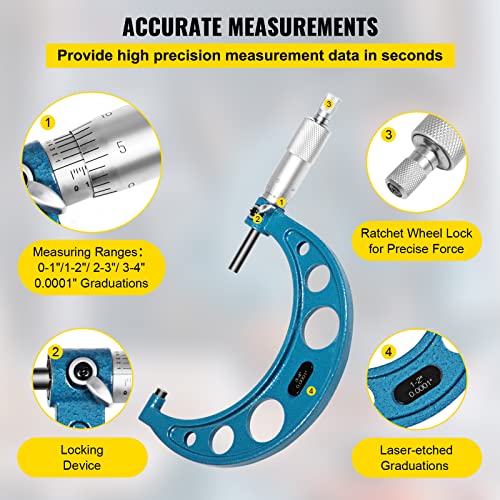 VEVOR Buiten Micrometer Set, 0-4" Metrisch Buiten Micrometer, 0,0001" Buitendiameter Micrometer Set, 4-delige Beugelmeetschroef, Legering Externe Micrometer Set, Lasergeëtste Set met Passende Koffer - Image 5