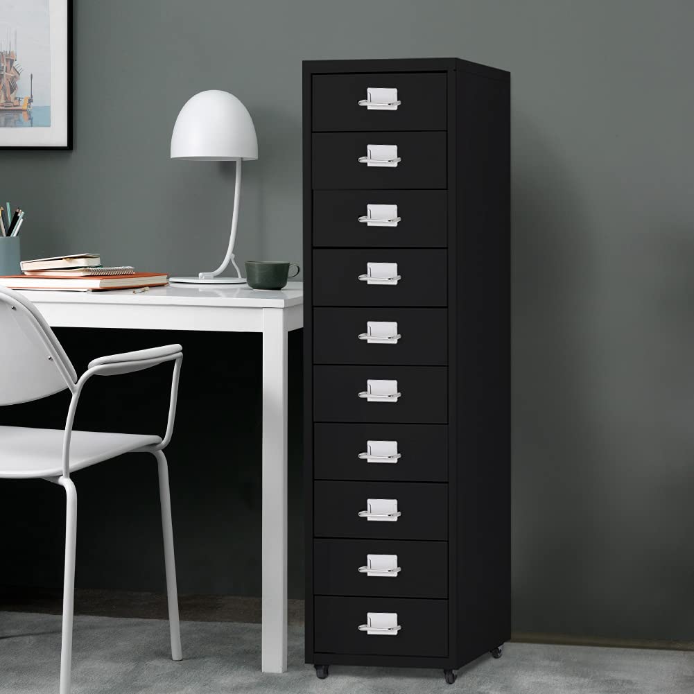 Rolling le Archiviatore con 10 Ders, Documenti in Metallo Sto su Ruote, Cartella per Ufficio per Casa e Ufficio, Nero, 28 cm x 41 cm x 109,5 cm