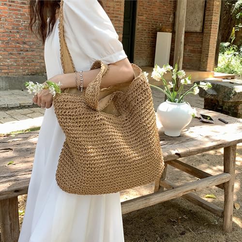 Image of Geelyda Beach Bags for Women, Summer Soft Large Woven Shoulder Purse Handbag, Beach Tote Straw Bag for Summer Vacation