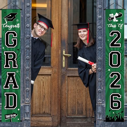 Image of Graduation Banner 2026 Graduation Decorations Green and Black Grad Banner Porch Sign Class of 2026 Door Decor Congrats Hanging Backdrop Green Grad Party Decor for School Congratulations Supplies