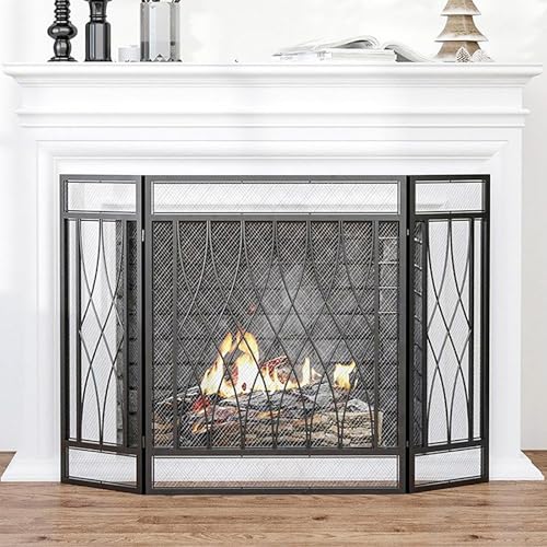 Protector Chimenea 3 Paneles Ignífugo Plegable Decorativo, Cubierta Salvachispas Chimenea para Salón, Protector De Metal Decorativo para Hogar Y Estufa