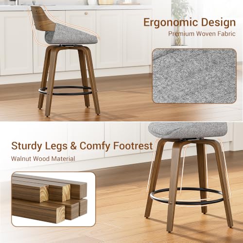Image of YaFiti Bar Stools Set of 2, 26 inch Swivel Counter Height Barstools with Bentwood Back and Legs, Mid Century Modern Upholstered Fabric Counter Stools for Kitchen Island, Dining Room, Gray