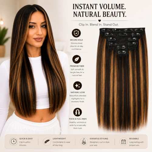 Image of Salon-Grade Clip-in Hair Extensions for Women, Imported Synthetic Hair, 6 PCS with 13 Secure Clips, Instant Volume, Natural Blend, Reusable Hair Volumizer (Brown with Golden Highlights, Straight)