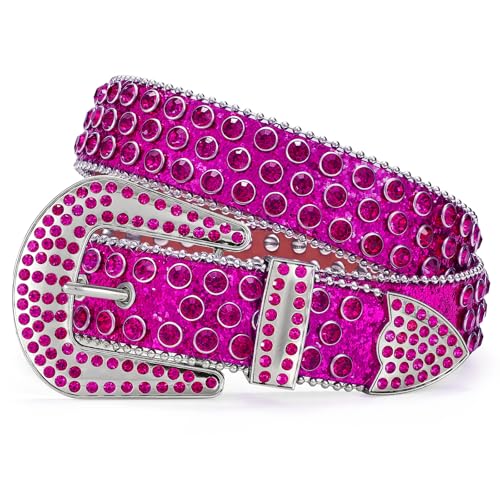 Image of WERFORU Women Men Western Rhinestone Studded Leather Belt Unisex Bling Cowgirl Cowboy Waist Belt for Jeans Pants Dress