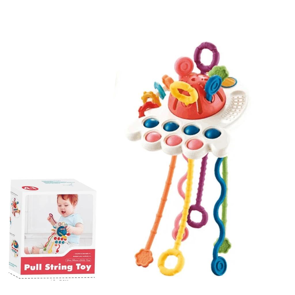 Baby Sensory Montessori Silicone Toy, Silicone Pull String Activity Toy for Baby, Sensory Toys for Toddlers to Support Fine Motor Skills, Baby Teether Toys for Boys and Girls 18+ Months (Red)