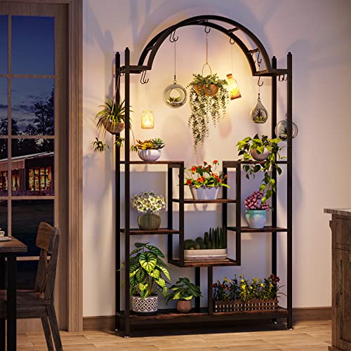 Image of Tribesigns 5-Tier Tall Indoor Plant Stand, 74.8'' Arched Metal Flower Shelf with Hanging Hooks, Large Bonsai Pots Display Rack for Indoor, Balcony, Living Room