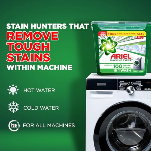 Image of Ariel Machine Expert Detergent Powder Front Load - 3kg Cannister Free| Removes 100 Tough Stains in 1 wash | Specially Designed for Washing Machines | Fresh Fragrance