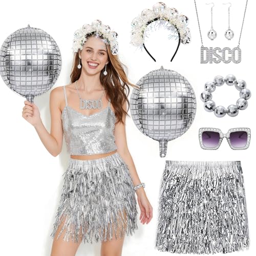 yolzhxe 7 Stück Discokugel Kostüm Kostüm Discokugel Haarreif Damen Disco Kugel Kostüm mit Rock Ohrringe Haarband Halskette Retro 60er 70er Jahre Kostümzubehör für Karneval Thema Party