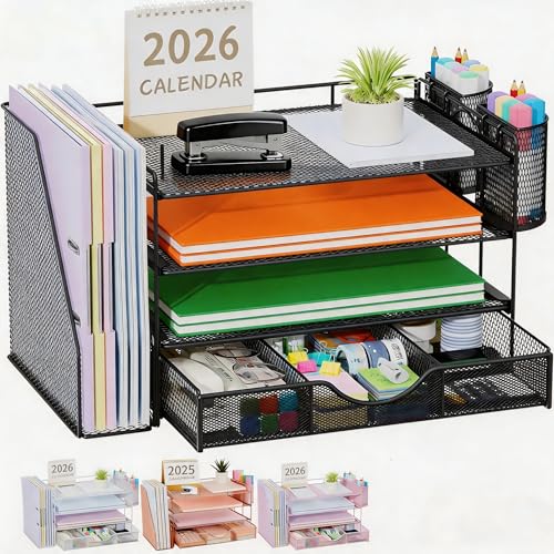 Quhombo Desk Organiser with File Holder 4-Tier Desk Organisers and Accessories with 2 Pen Holders and Drawer Paper Letter Tray Storage with Magazine Holder for Home Office Supplies(black)