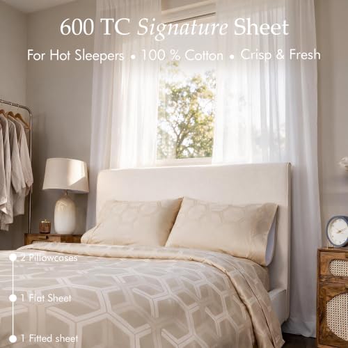 Image of Threadmill 600 Thread Count Cotton Full Sheet Set, Sateen, Jacquard, Beige