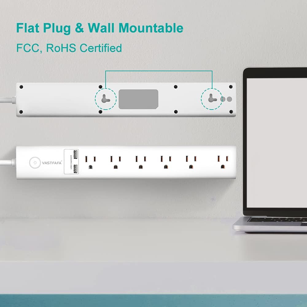 VASTFAFA 6-Outlet Power Strip Surge Protector with 2 Fast Charging USB Port, Desktop Charging Station 8 ft Extension Cord for Cruise Ship, Dorm Room Multi Plug Extender (White)