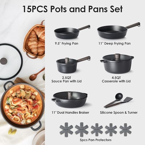 Image of SENSARTE 15Pcs Pots and Pans Set,Nonstick Cookware Sets | Kitchen Set with Stay-cool Handle,All-Stovetop Compatible,Induction Cookware ,Dishwasher Safe ,Oven Safe 550F,PFOA /PFOS Free
