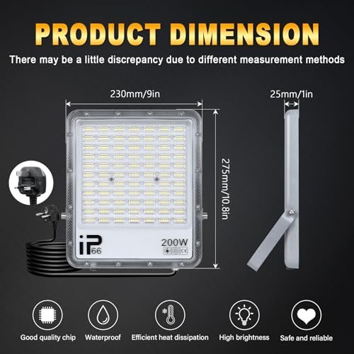 PICAA 200W LED Flood Light Outdoor,20000LM LED Work Light Cool White 6500K LED Security Light Waterproof IP65 Wall Light for Front Door Warehouse - Image 2
