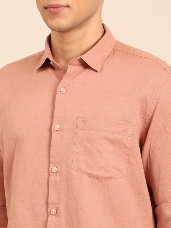 Image of Linen Club Men's Pure Linen Olive Solid Contemporary Fit Full Sleeve Casual Shirt