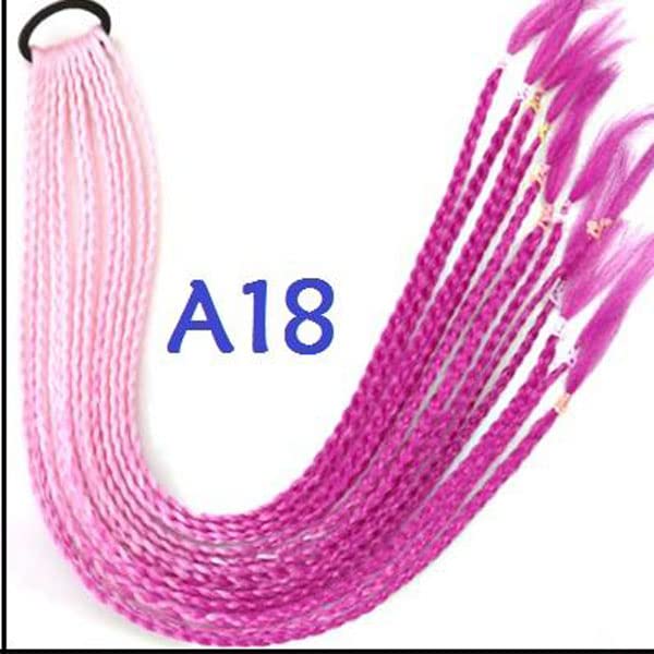 Ombre Colored Small Three Strands Braids Hair Extensions with Rubber Bands Rainbow Braided Synthetic Hairpieces Ponytail for Women Kids Girls Fold 24inches 2pcs/Pack (24inches, A18) - Image 3