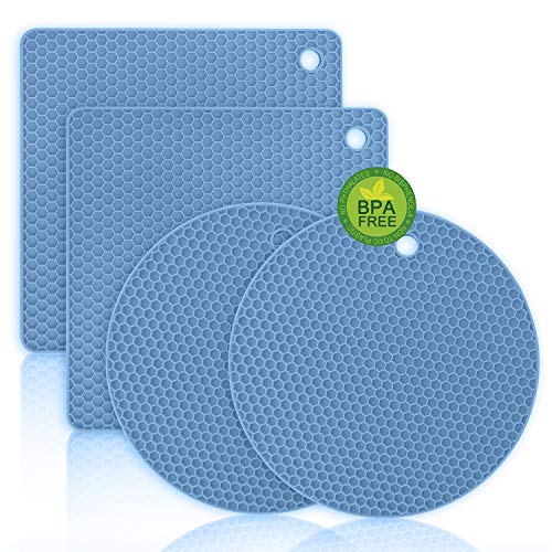 Walfos Silicone Trivet Mats - 4 Heat Resistant Pot Holders Multipurpose Non-Slip Hot Pads for Kitchen Potholders Hot Dishers Jar Opener Spoon Holder Food Grade Silicone BPA Free Nordic Blue