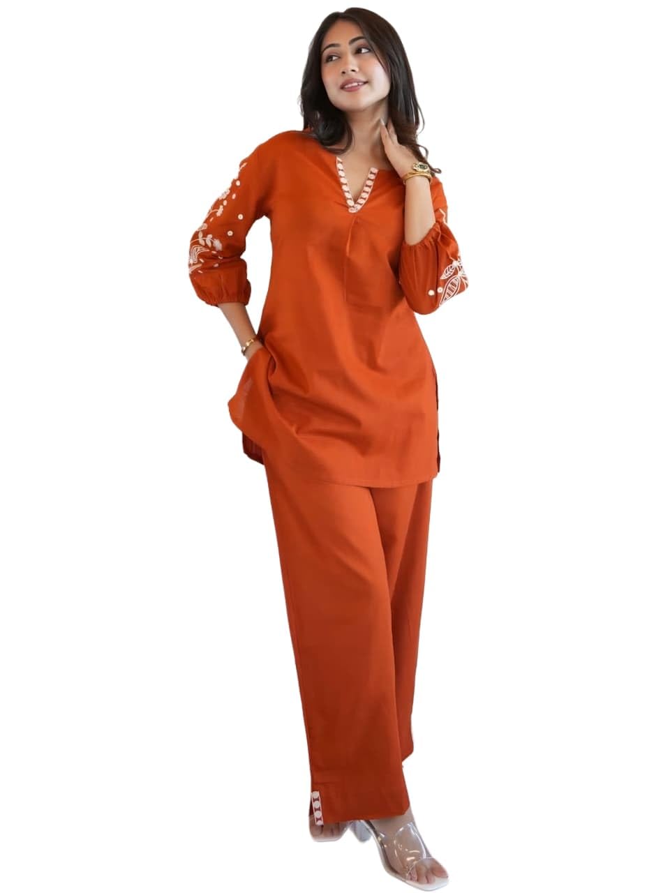 Women's Cotton Blend Embroidered Kurta Pant Set | 2-Piece Ethnic Outfit | V-Neck 3/4 Sleeve Straight Kurti (Shree)-image-38