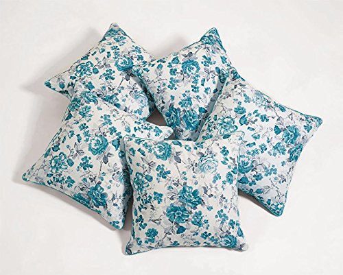 Image of Swayam Set of 5 Floral Print Cotton Blue Cushion Cover | 12 x 12 Inch | Soft Breathable Fabric with Hidden Zipper | Decorative & Stylish Cushion Covers for Sofa, Living Room, Bedroom & Couch