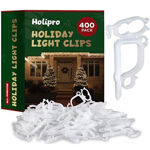 All-Purpose Holiday Light Clips - Set of 400, Mount to Shingles & Gutters - Works with Mini, C6, C7, C9, Rope, Icicle Lights - No Tools Required - USA Made