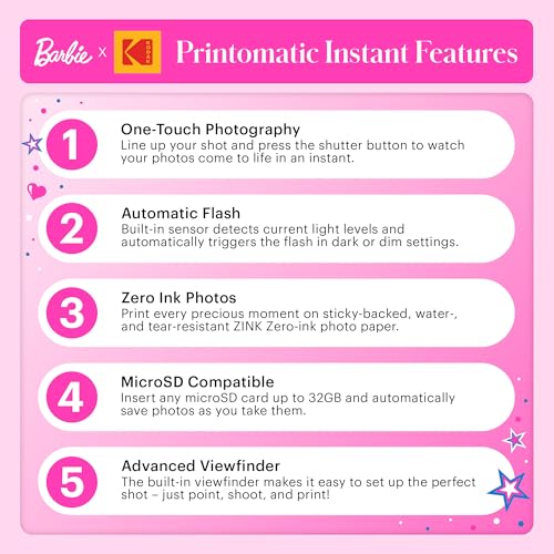 Image of Barbie x Kodak Printomatic Full-Color Instant Print Digital Camera - 5MP Portable Barbie Camera Prints Colorful 2x3 inch Sticky-Back Photos - Signature Style
