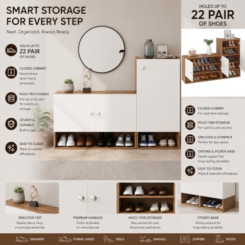 Image of FURNEASER Sinala Wooden Shoe Rack for Home with Doors & Open Shelves | Modern Shoe Cabinet Organizer for Entryway | Engineered Wood Shoe Stand with Storage (Exotic Teak & White)
