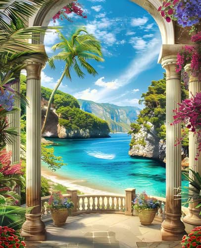 数字油絵 海 数字キットによる絵画 建築 Paint by Numbers DIYペイント 大人の 初心者 子供用 簡単に塗れる アクリル水彩絵の具 手芸 画材 手工芸 キット 3つのペイントブラシと1つのセットのアクリル顔料を使用 ホーム オフィス装飾