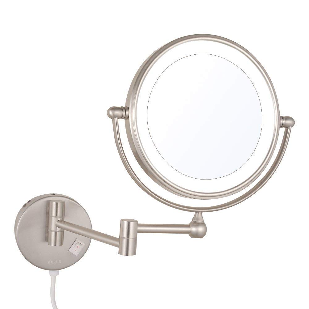 FDCC LED Wall Mounted Bath Vanity Mirrors,8" Double Sided Brass Lighted Magnification Makeup Shaving Extendable with Switch Electrical Plug,Nickel,5X