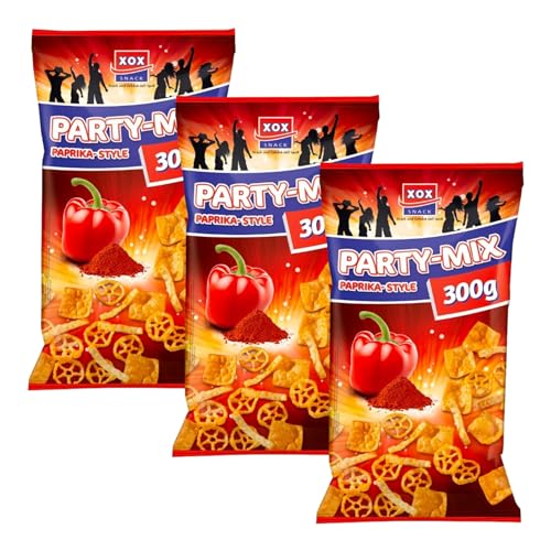 XOX Party Mix 300g | Weizen Maissnack mit Paprika Geschmack | Vegane Knusprige Chips 300g (Party Mix, 3er Pack)