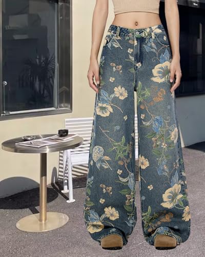 Women Men's Plant Flower Print Baggy Jeans, Streetwear Vintage Loose Flowers Printed Button Denim Pants with Pockets3