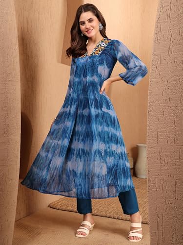 Image of EthnicJunction Women Georgette Relaxed Fit Tie & Dye & Embroidered A-Line Flared Kurta,Summer Kurta,Kurta For Office,Long Kurti