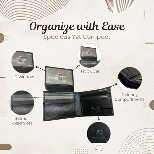 RIVET & BURR Genuine Leather Bifold Wallet for Men – RFID-Blocking Slim Wallet - Gift Box, Vanity Tray & Keychain with Textured Stripe Design & Metal Logo Badge (Black)3