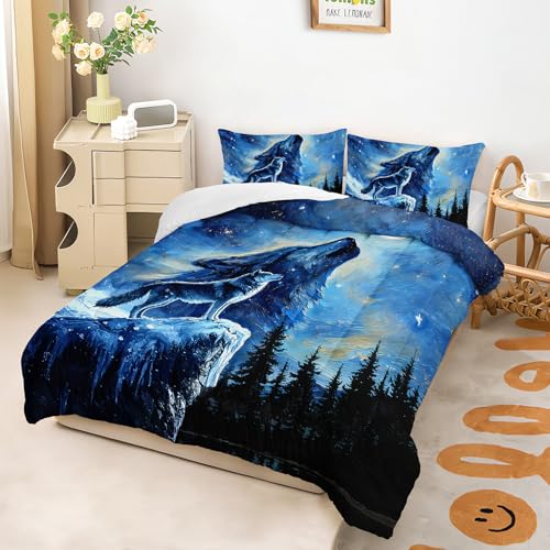 Image of Wolf Comforter Set Twin for Boys Girls,Howling Wolves Night Moon Comforter Mountain Forest Wolf Bed Set,Wild Animals Quilt Set for Adults Kids Bedroom Decor,All Seasons