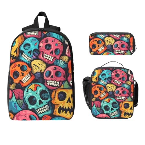 Cartoon Skull Backpacks 3 Pcs Unisex Travel Backpack with Fun Graphic Cartoon Print for Daily Commute