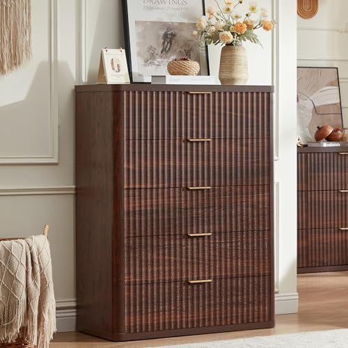 Image of LEYAOYAO Fluted 5 Drawers Dresser Set of 2, 41 inch Tall Modern Chest of Drawers with Metal Handle, Curved Profile Dresser TV Stand, Wooden Drawer Organizer for Bedroom, Living Room, Hallway, Walnut