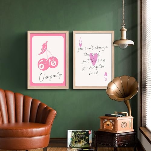Image of NoWorries Pink Playing Cards Wall Painting Set | Cherry on Top and Ace Quote Art Prints | Aesthetic Card Theme Wall Decor | Premium 300 GSM Paper Print with Synthetic Wooden Frame | Modern Decor for Bedroom & Living Room (Set of 2) (NATURAL, ART-4, 10X13INCHES)