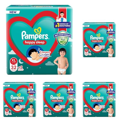 Image of Pampers Happy Sleep Pant Style Baby Diapers, X-Large (XL), 34 Count, 1 Pampers : 1 Night Sleep, with Anti Rash Shield, 12-17 Kg Diapers (Pack of 5)