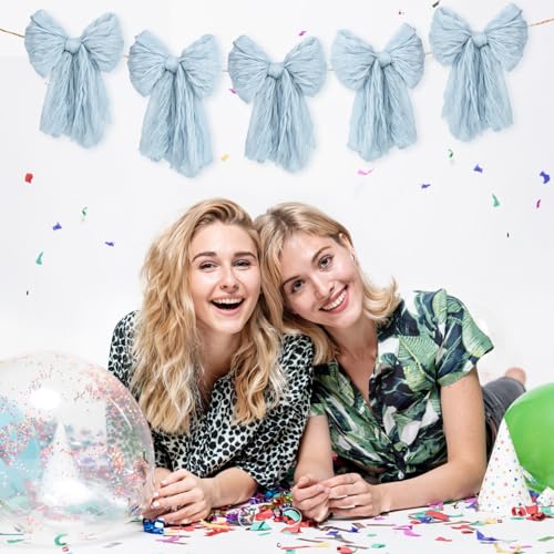 Image of Large Blue Bow Garland Banners for Coquette Birthday Party Decorations-Bow Themed Birthday Decor for Baby Shower Bridal Shower Bachelorette Party Wedding Favors Supplies (Blue)