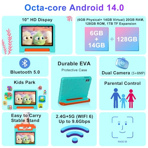 Image of ZIOVO 2026 Kids Tablet 10 inch Android 14 Tablets for Kid Octa-Core, 20GB+128GB (TF 1TB), Toddler Tablet with Shockproof Case, 5GHz WiFi 6, Parental Control, Face Unlock, Split Screen, BT5.0-Green