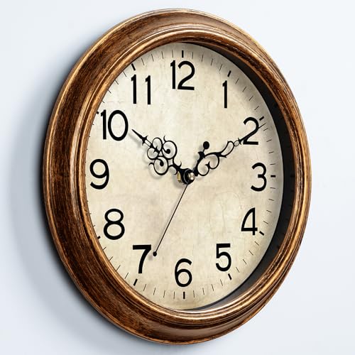 Image of KECYET 12 Inch Silent Wall Clocks Battery Operated Retro Wall Clock Antique Clock Vintage Decorative for Kitchen Living Room School Bedroom(Gold)