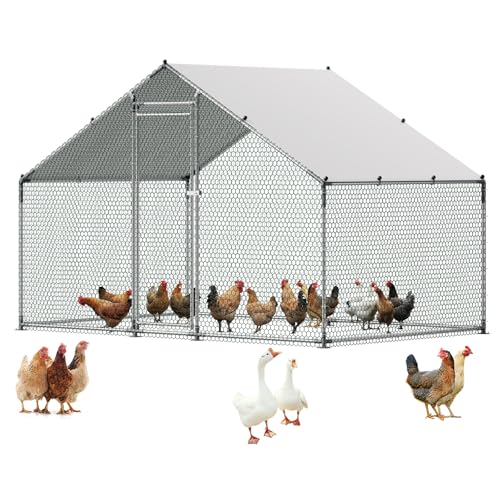VEVOR Large Metal Chicken Coop with Run, Walk in Chicken Run for Yard with Waterproof Cover, 6.5 x 9.8 x 6.5 ft, Spire Roof Large Poultry Cage for Hen House, Duck Coop and Rabbit Run