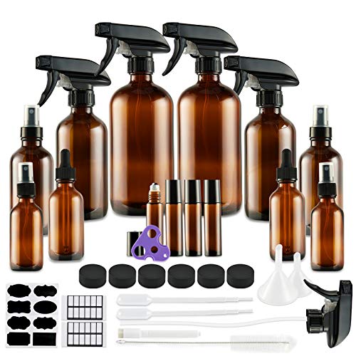 Glass Spray Bottle Kits, Eternal Moment Amber Glass Spray Bottle Set for Aromatherapy Cleaning Products (16OZ, 8OZ, 4OZ, 2OZ Essential Oil Bottle, 2OZ Dropper Bottle) x 2, 10 ml Roller Bottle x 4