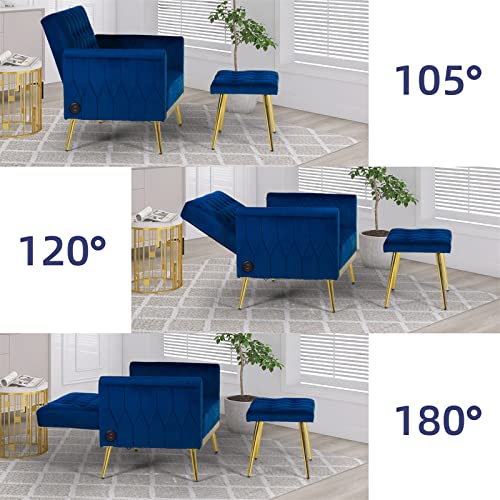 Sthouyn Modern Velvet Accent Chair Recliner Chair With Ottoman Usb Ports, Comfy Reading Lounge Chair For Living Room Bedroom, Button Tufted Adjustable Backrest And Pillow (Navy Blue) #TOP2