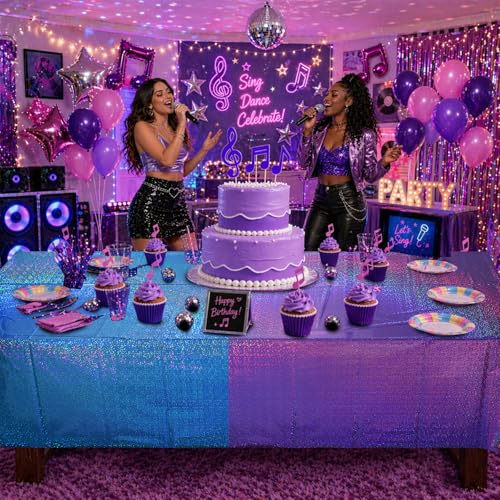 Image of FunnyPars 3 Pack Iridescent Pink Purple and Blue Kpop Plastic Tablecloths, Disposable Rectangle Table Covers, Holographic Metallic Foil Tablecloth Party Decorations for Kpop Birthday, 54x108 Inch