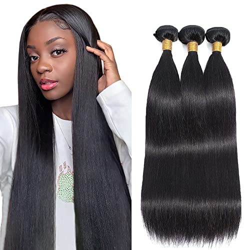 Human Hair Bundles Brazilian Virgin Straight Hair 3 Bundles 24 26 28 Inch 300g Virgin Brazilian Remy Straight Human Hair Bundles 100% Unprocessed Virgin Remy Human Hair Bundles for Black Women