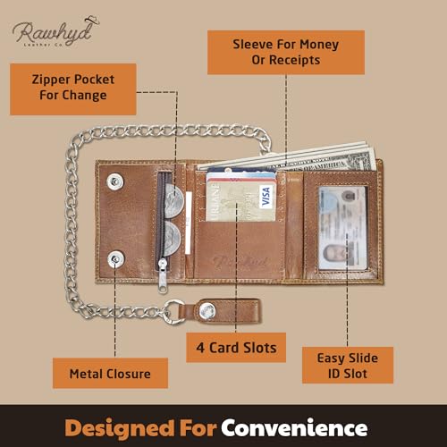 RAW HYD Men's Western Belt & Wallet Set – Full-Grain Tooled Leather Belt (Buckle/Buckle-Free) & Vintage Skull Trifold Wallet w/Steel Chain, Snap Closure, Card Slots, ID Slot & Zipper Pocket3
