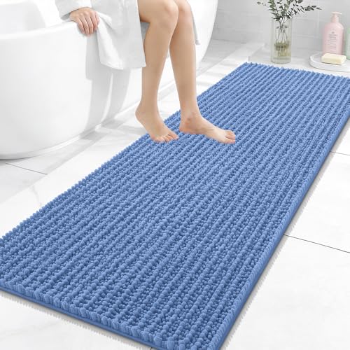 Image of OLANLY Long Bathroom Rugs Runner 59x24, Thick Soft and Absorbent Chenille Bath Mat, Non-Slip, Machine Washable Quick Dry Bath Rugs for Tub Shower Floor, Home Decor Accessories, Cornflower Blue