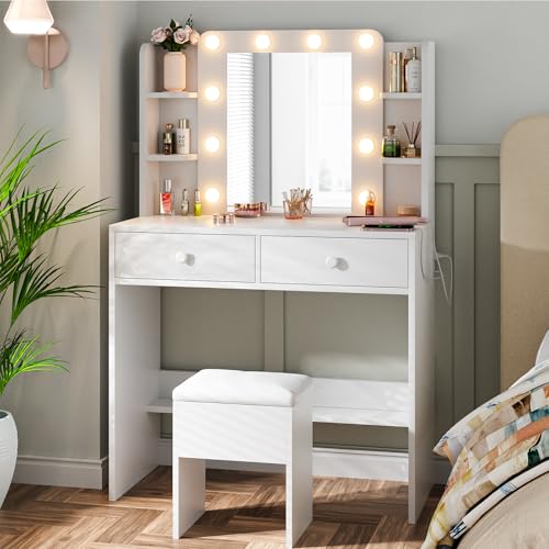 Haewon Vanity Desk with Lighted Mirror and Power Outlets, Makeup Vanity Set with Storage Drawer,...