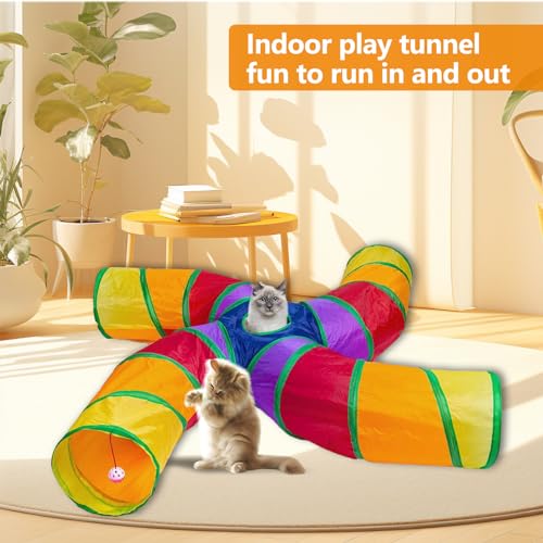 Image of EGETOTA Cat Tunnel for Indoor Cats Large, with Play Ball S-Shape 4 Way Collapsible Interactive Peek Hole Pet Tube Toys, Puppy, Kitty, Kitten, Rabbit (S4 - Multicolor)